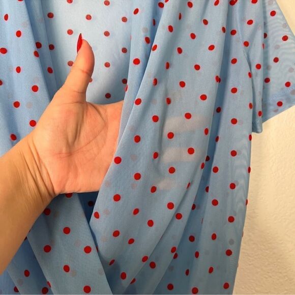 ZARA TRAFALUC baby blue red polka dot semi sheer mesh retro top S B18 - Picture 9 of 9